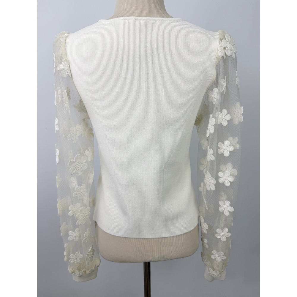 DOLAN Sheer Sleeve Applique SWEATER Top M Anthropologie 3D Cream Feminine Fairy - Picture 10 of 15